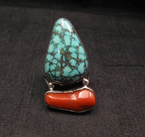 Image 5 of Marvin Redhouse Navajo Pilot Mountain Turquoise Coral Silver Ring sz7