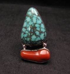Marvin Redhouse Navajo Pilot Mountain Turquoise Coral Silver Ring sz7