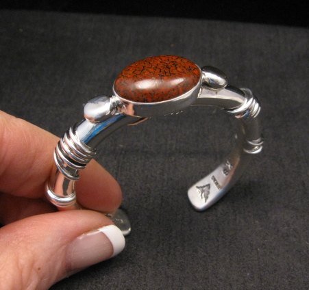 Image 2 of Navajo Orville Tsinnie Dinosaur Bone Silver Wrap Bracelet, Ex-Small