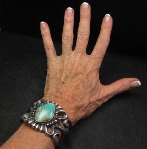 Image 3 of Wide Navajo ~ Harrison Bitsue ~ Sandcast Turquoise Silver Bracelet