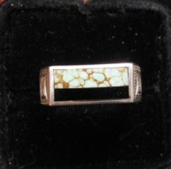 Shane Hendren Navajo #8 Turquoise & Jet Engraved Sterling Silver Ring sz8-1/2