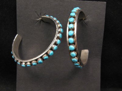 Image 0 of Native American Zuni Turquoise Sterling Silver Hoop Earrings, Lois Tzuni