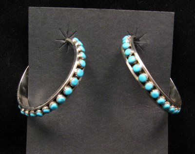 Image 1 of Native American Zuni Turquoise Sterling Silver Hoop Earrings, Lois Tzuni