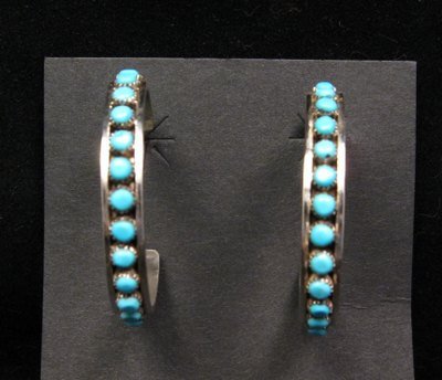 Image 2 of Native American Zuni Turquoise Sterling Silver Hoop Earrings, Lois Tzuni