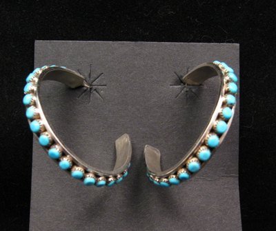Image 3 of Native American Zuni Turquoise Sterling Silver Hoop Earrings, Lois Tzuni