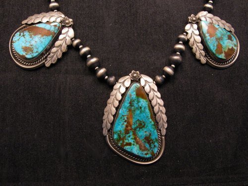 Image 1 of Navajo Native American Royston Turquoise Sterling Silver Bead Necklace