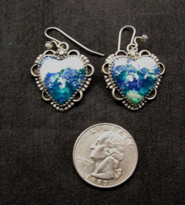Image 1 of Navajo Native American Balboa Blue Heart Sterling Silver Earrings