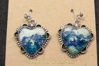 Image 0 of Navajo Native American Balboa Blue Heart Sterling Silver Earrings