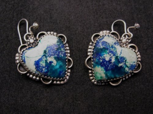 Image 2 of Navajo Native American Balboa Blue Heart Sterling Silver Earrings