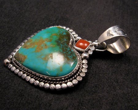 Image 1 of Navajo Native American Turquoise Sterling Silver Heart Pendant, Martha Willeto