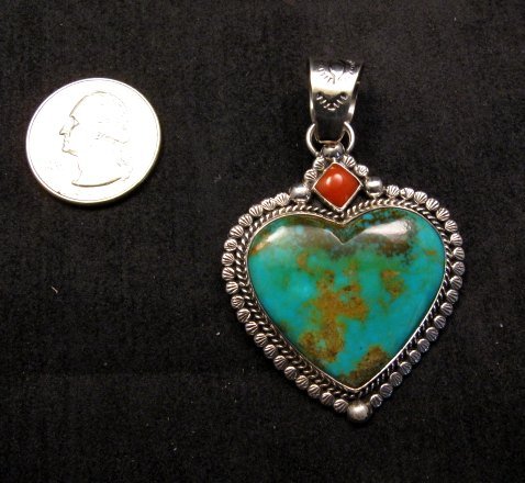 Image 2 of Navajo Native American Turquoise Sterling Silver Heart Pendant, Martha Willeto