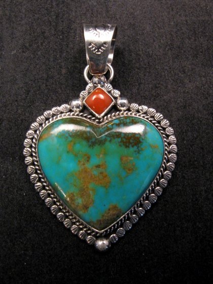 Image 3 of Navajo Native American Turquoise Sterling Silver Heart Pendant, Martha Willeto