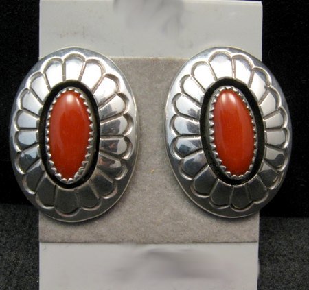 Image 0 of Navajo Native American Coral Shadowbox Earrings, Gene & Martha Jackson
