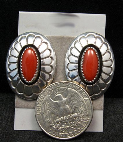 Image 1 of Navajo Native American Coral Shadowbox Earrings, Gene & Martha Jackson