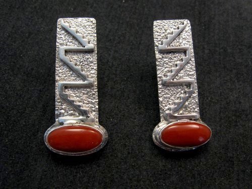 Image 0 of Navajo Native American Coral Sterling Silver Earrings, Gene & Martha Jackson