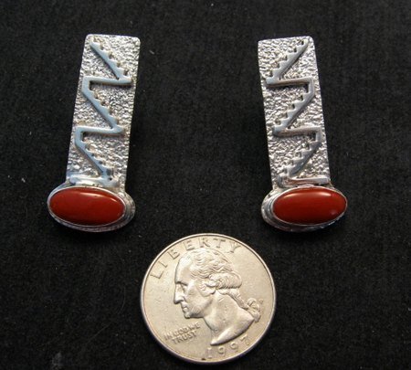 Image 1 of Navajo Native American Coral Sterling Silver Earrings, Gene & Martha Jackson