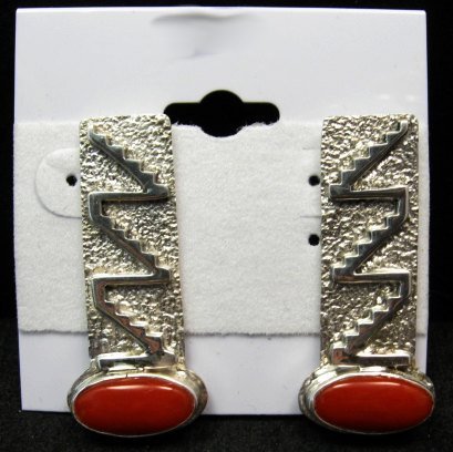 Image 3 of Navajo Native American Coral Sterling Silver Earrings, Gene & Martha Jackson