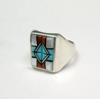 Image 1 of Native American Zuni - Natachu - Multi-Gem Inlay Mens Ring sz11-1/2