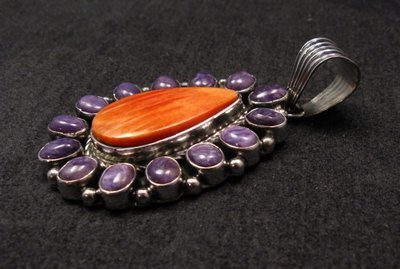 Image 2 of Navajo Charoite Spiny Oyster Silver Pendant, Geneva Apachito
