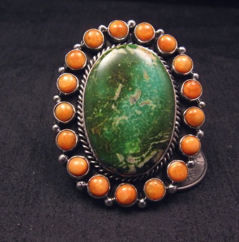 Image 0 of Native American Turquoise Spiny Oyster Cluster Ring sz7-3/4, La Rose Ganadonegro