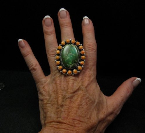 Image 1 of Native American Turquoise Spiny Oyster Cluster Ring sz7-3/4, La Rose Ganadonegro