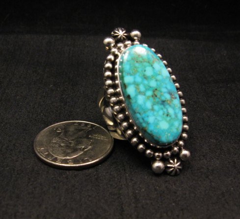 Image 1 of Long Native American Navajo ~ Guy Hoskie ~ Turquoise Silver Ring sz8-1/2