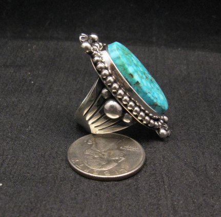 Image 3 of Long Native American Navajo ~ Guy Hoskie ~ Turquoise Silver Ring sz8-1/2
