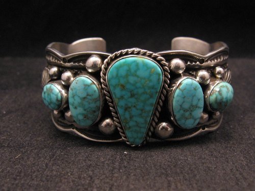 Image 0 of Navajo Native American 5-stone Turquoise Silver Bracelet, Guy Hoskie