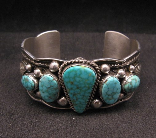 Image 5 of Navajo Native American 5-stone Turquoise Silver Bracelet, Guy Hoskie