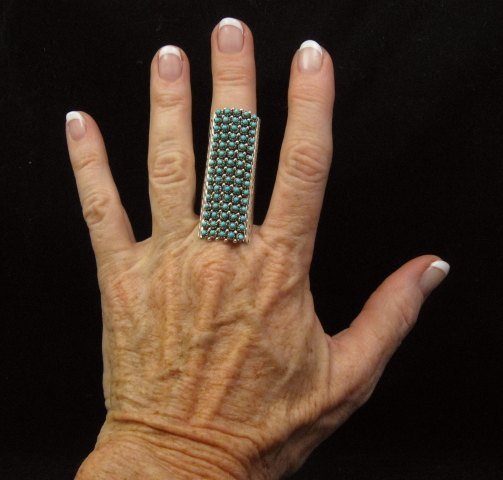 Image 5 of Zuni Turquoise 2-inch 15row 75stones Snake Eye Ring, Steven Haloo sz8-3/4