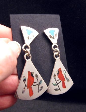 Image 2 of Zuni Cardinal 2-Pc Silver Dangle Earrings Turquoise Flower Tops, Sanford Edaakie