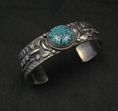 Image 2 of Navajo Native American Kingman Web Turquoise Silver Bracelet, Gilbert Tom