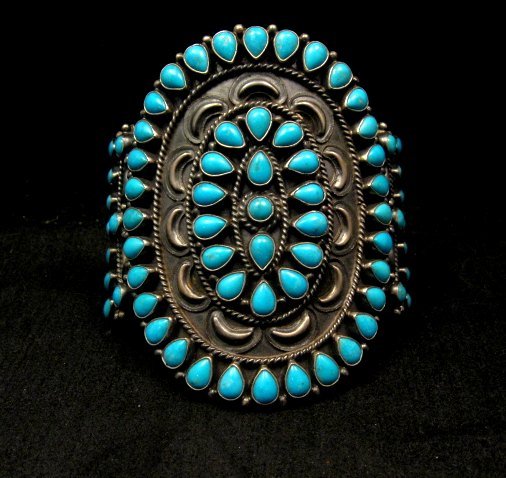 Image 0 of Huge Navajo Native American Silver Turquoise Cluster Bracelet, Anthony Skeets