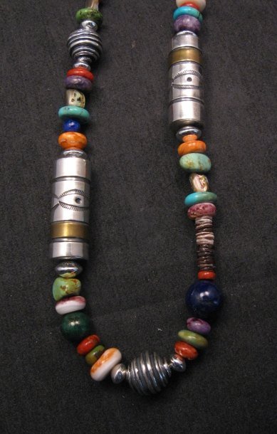 Image 1 of Long Everett & Mary Teller Navajo Turquoise Multigem Bead Silver Barrel Necklace