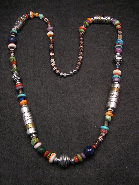 Image 2 of Long Everett & Mary Teller Navajo Turquoise Multigem Bead Silver Barrel Necklace