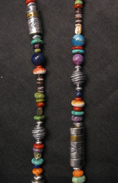 Image 5 of Long Everett & Mary Teller Navajo Turquoise Multigem Bead Silver Barrel Necklace