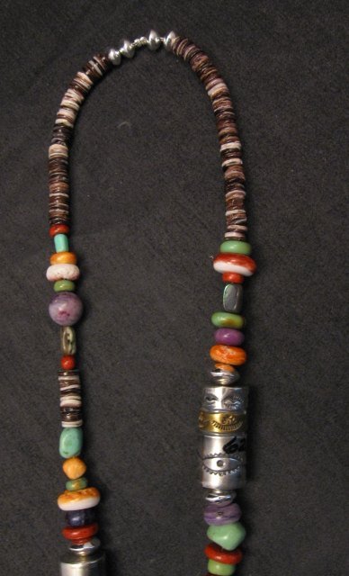 Image 6 of Long Everett & Mary Teller Navajo Turquoise Multigem Bead Silver Barrel Necklace