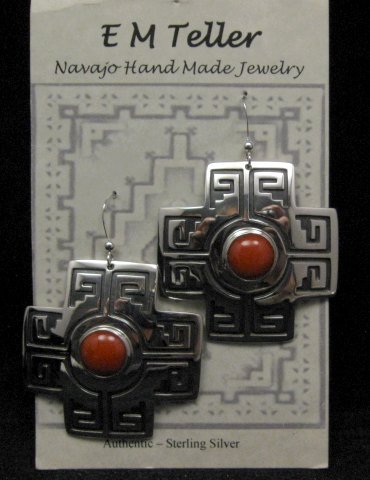 Image 2 of Navajo Coral Silver Sante Fe Cross Earrings, Everett & Mary Teller