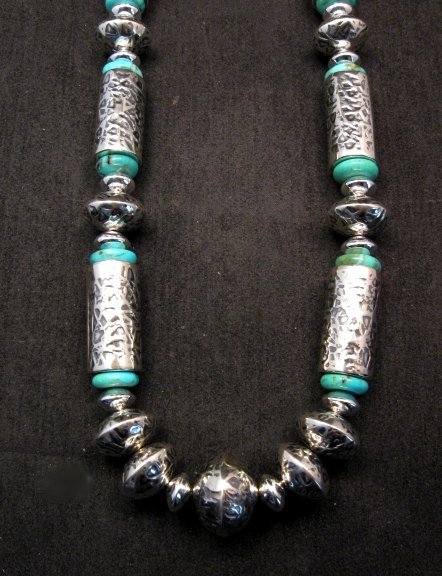 Image 0 of Navajo Hammered Silver Barrel Beads Turquoise Necklace Everett & Mary Teller 