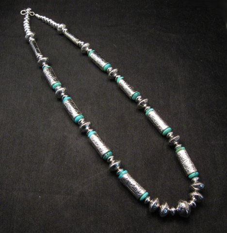 Image 1 of Navajo Hammered Silver Barrel Beads Turquoise Necklace Everett & Mary Teller 
