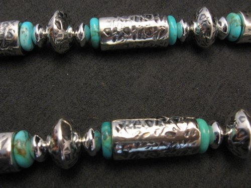 Image 3 of Navajo Hammered Silver Barrel Beads Turquoise Necklace Everett & Mary Teller 