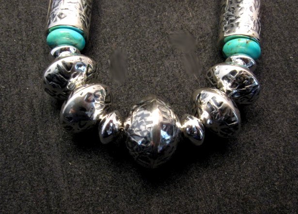 Image 6 of Navajo Hammered Silver Barrel Beads Turquoise Necklace Everett & Mary Teller 