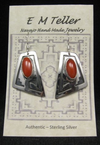 Image 0 of Navajo ~ Everett & Mary Teller ~ Coral Silver Earrings