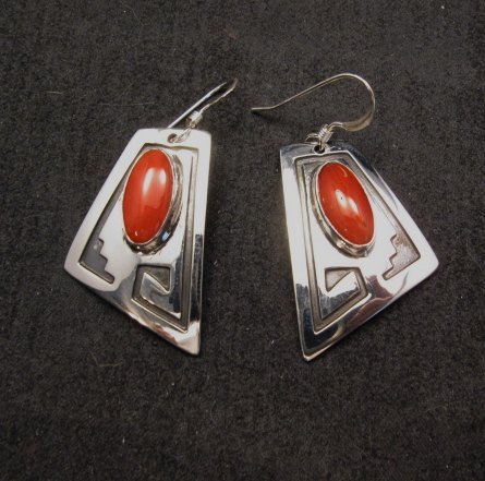 Image 1 of Navajo ~ Everett & Mary Teller ~ Coral Silver Earrings