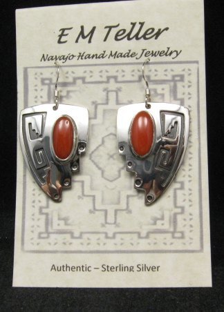 Image 1 of Navajo Native American ~ Everett & Mary Teller ~ Coral Silver Earrings