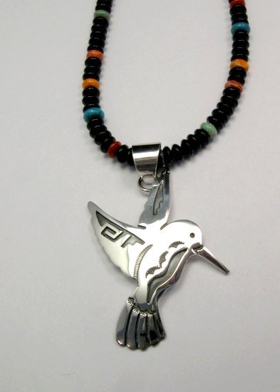Image 1 of Navajo Jewelry Silver Overlay Hummingbird Pendant, Everett & Mary Teller 