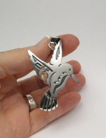 Image 0 of Navajo Jewelry Silver Overlay Hummingbird Pendant, Everett & Mary Teller 