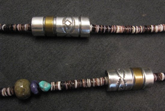 Image 2 of Long Everett & Mary Teller Navajo Mixed Shell Bead Heishi Silver Barrel Necklace