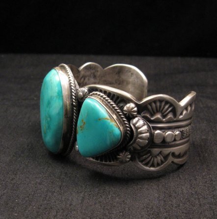 Image 4 of Big Navajo Native American Kingman Turquoise Silver Cuff Bracelet, Gilbert Tom
