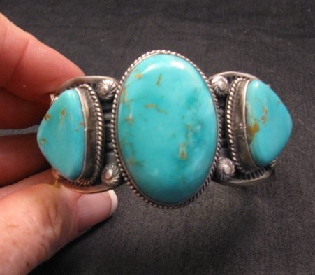 Image 6 of Big Navajo Native American Kingman Turquoise Silver Cuff Bracelet, Gilbert Tom